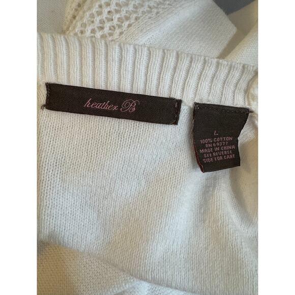 Heather B White Textured Mesh Panel Tunic Sweater L Tan Cuff - Picture 4 of 4